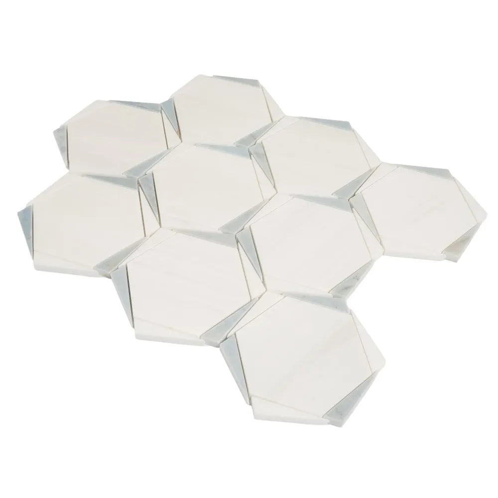 Triangular Hexagon in Bianco Dolomiti Leyte Blue and Thassos Marble Mosaic Tile | Tile Club