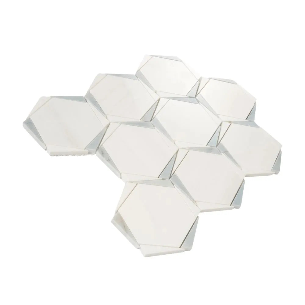 Triangular Hexagon in Bianco Dolomiti Leyte Blue and Thassos Marble Mosaic Tile | Tile Club