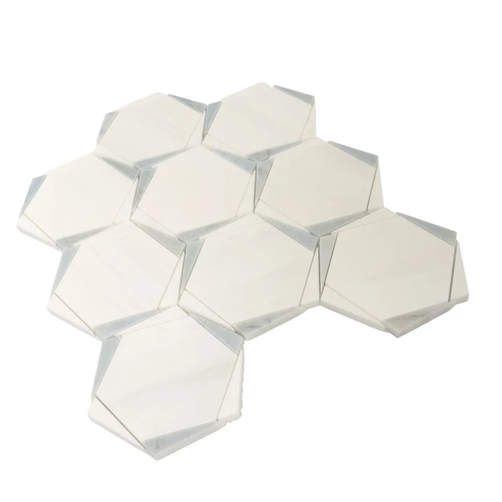Triangular Hexagon in Bianco Dolomiti Leyte Blue and Thassos Marble Mosaic Tile | Tile Club