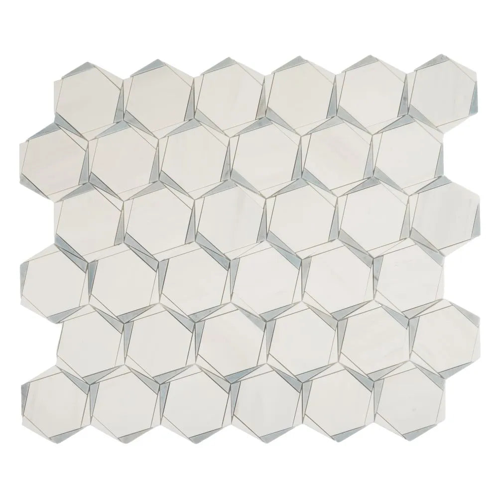 Triangular Hexagon in Bianco Dolomiti Leyte Blue and Thassos Marble Mosaic Tile | Tile Club