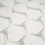 Triangular Hexagon in Bianco Dolomiti Leyte Blue and Thassos Marble Mosaic Tile | Tile Club