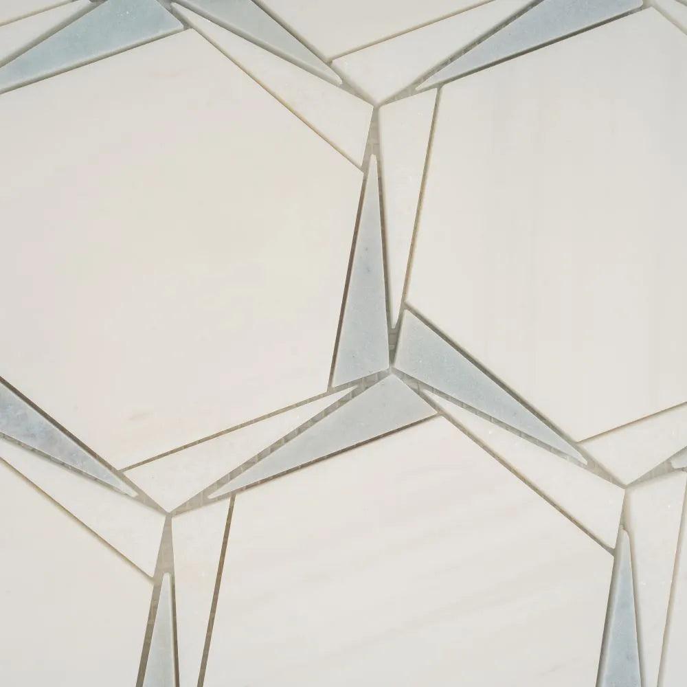 Triangular Hexagon in Bianco Dolomiti Leyte Blue and Thassos Marble Mosaic Tile | Tile Club