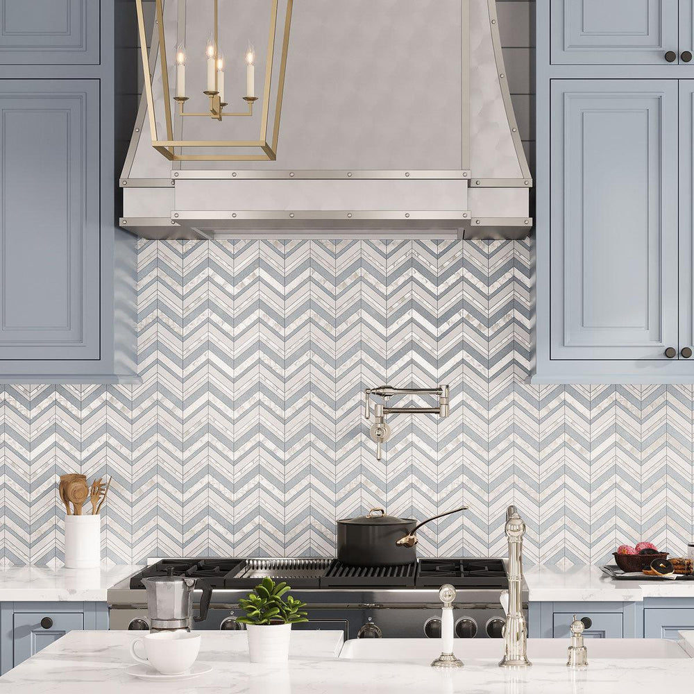 Chevron Pearl Blue Celeste Marble and Shell Tile