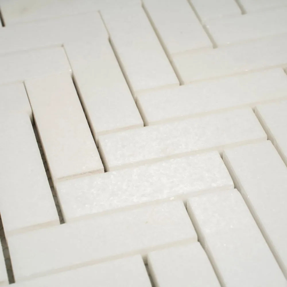 Thassos White Marble Herringbone Mosaic Tile | Tile Club
