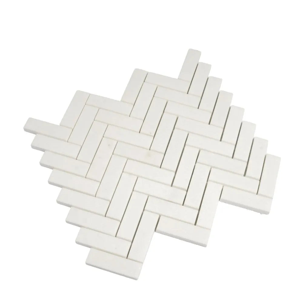 Thassos White Marble Herringbone Mosaic Tile | Tile Club