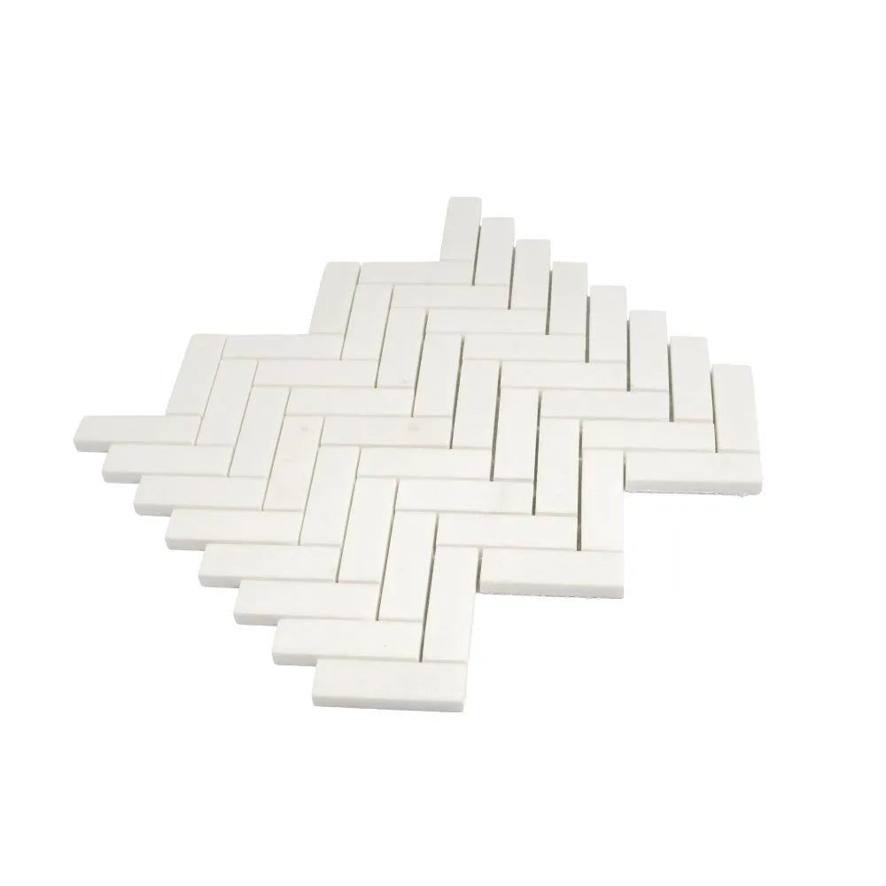 Thassos White Marble Herringbone Mosaic Tile | Tile Club