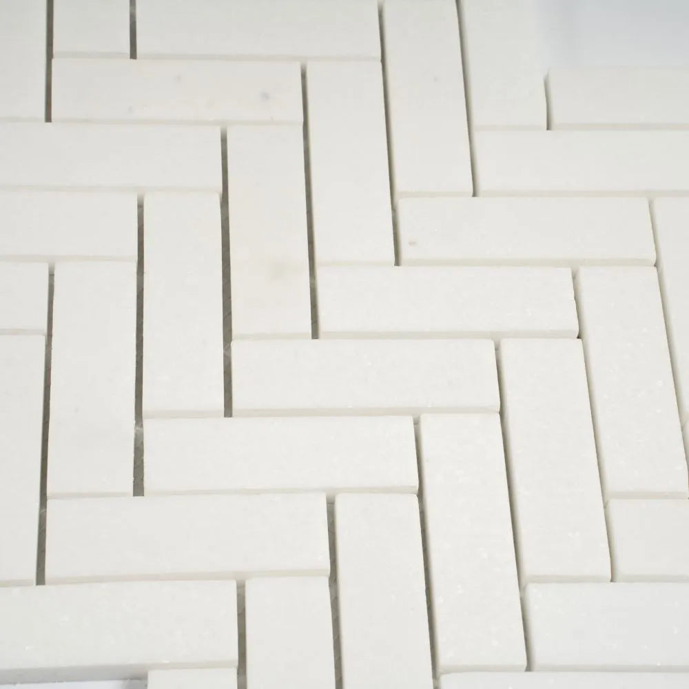 Thassos White Marble Herringbone Mosaic Tile | Tile Club