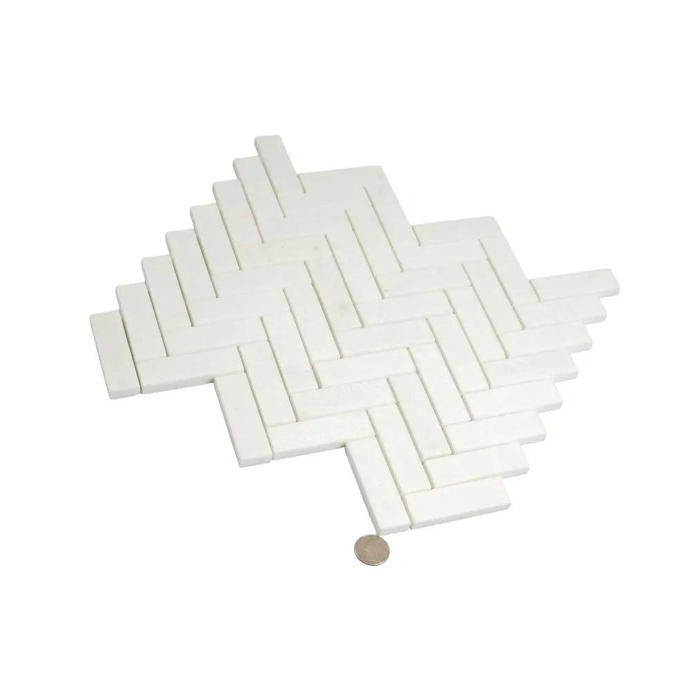 Thassos White Marble Herringbone Mosaic Tile | Tile Club