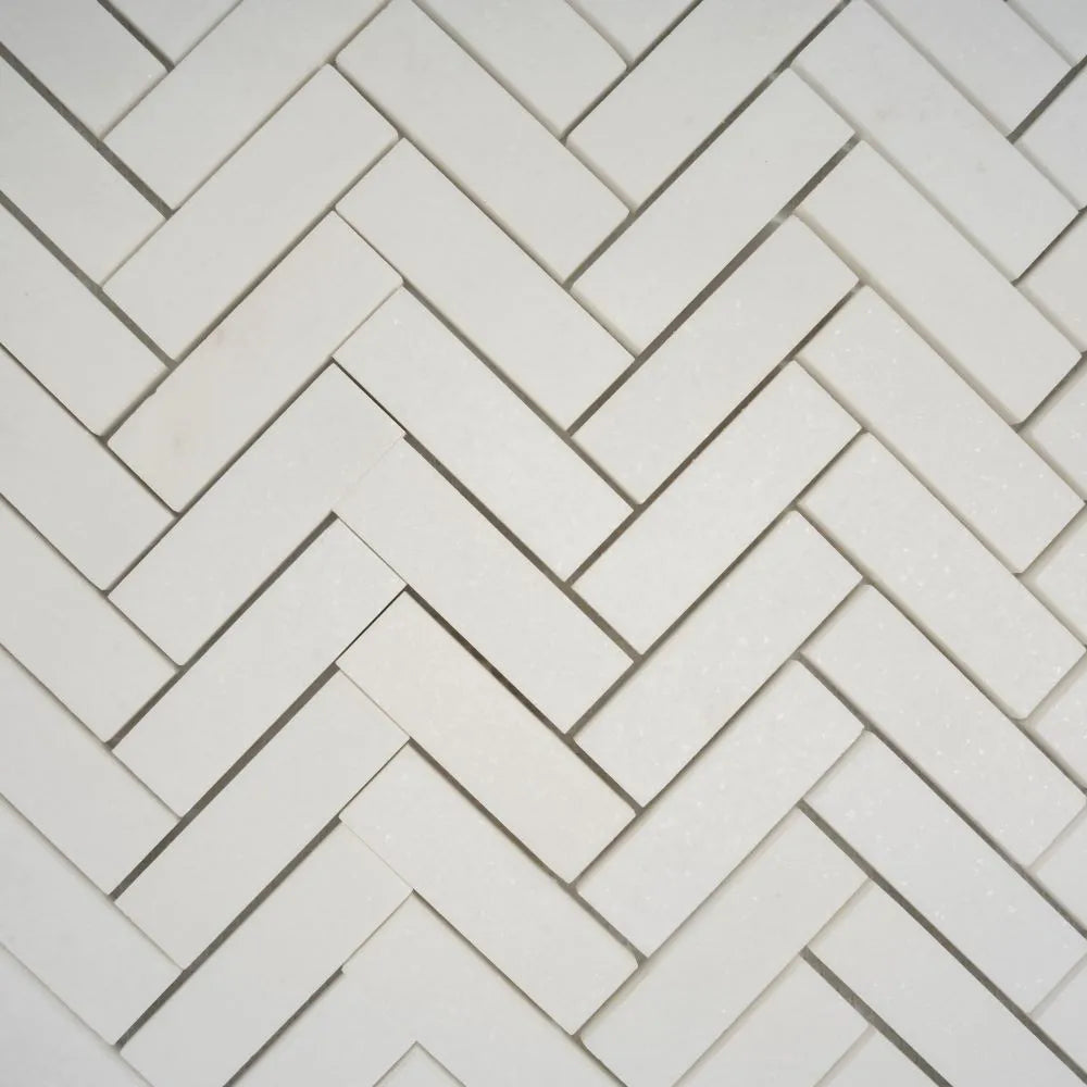 Thassos White Marble Herringbone Mosaic Tile | Tile Club