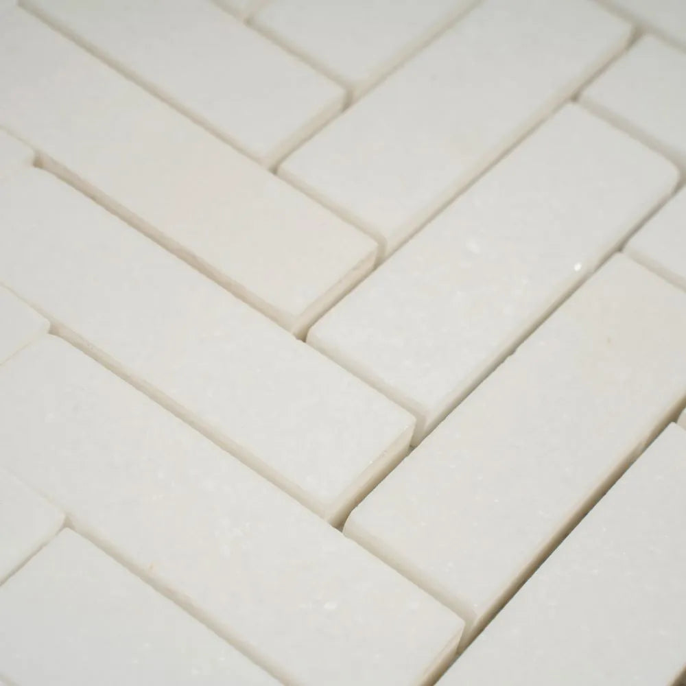 Thassos White Marble Herringbone Mosaic Tile | Tile Club