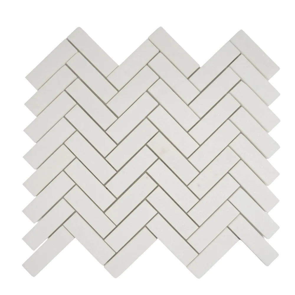 Thassos White Marble Herringbone Mosaic Tile | Tile Club