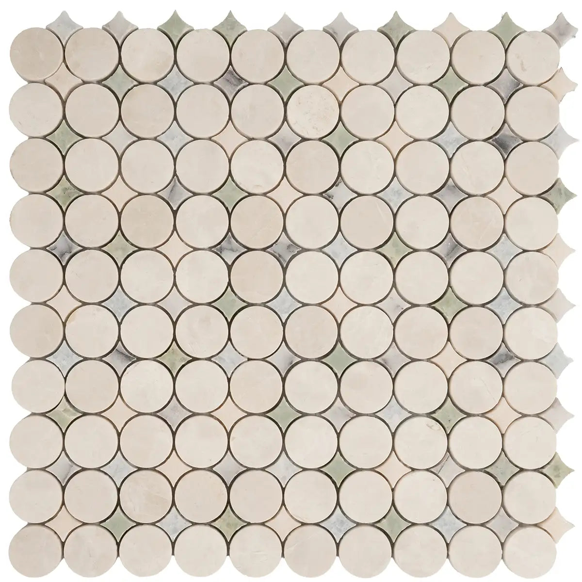 White Marble Penny Rounds and Multicolor Stars Mosaic Tile