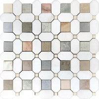 Pastello Multicolor Octagon and Thassos Square Marble Mosaic Tile