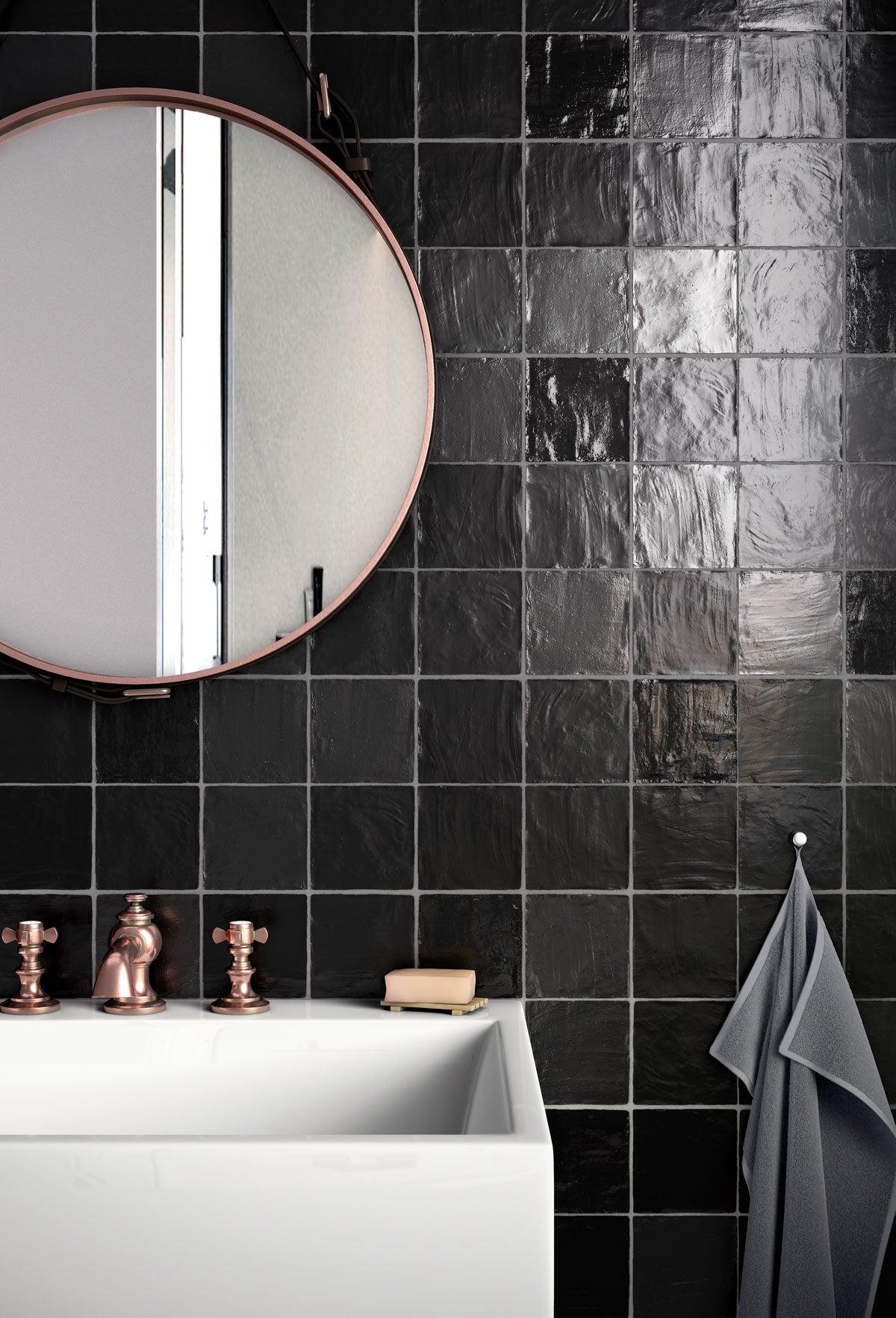 Mallorca Black Glazed Ceramic Square Tiles for a Modern Bathroom with Copper Fixtures