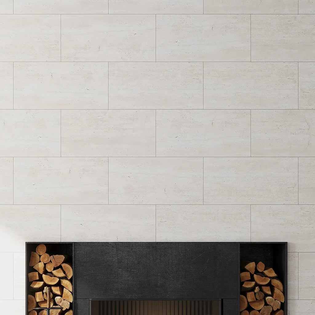 Mammoth Bone Stone Look Porcelain Tile 12" x 24 Fireplace Surround