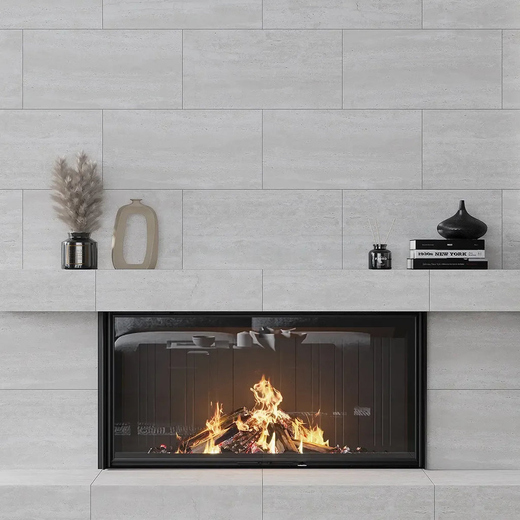 Mammoth Silver Stone Look Porcelain Tile 12" x 24 Fireplace Surround