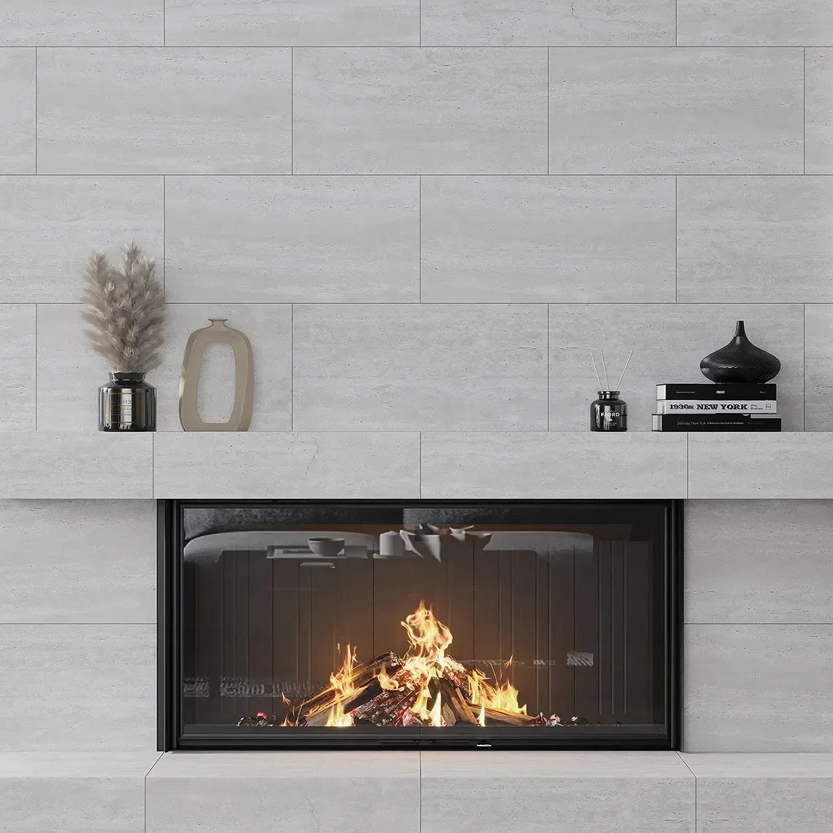 Mammoth Silver Stone Look Porcelain Tile 12" x 24 Fireplace Surround