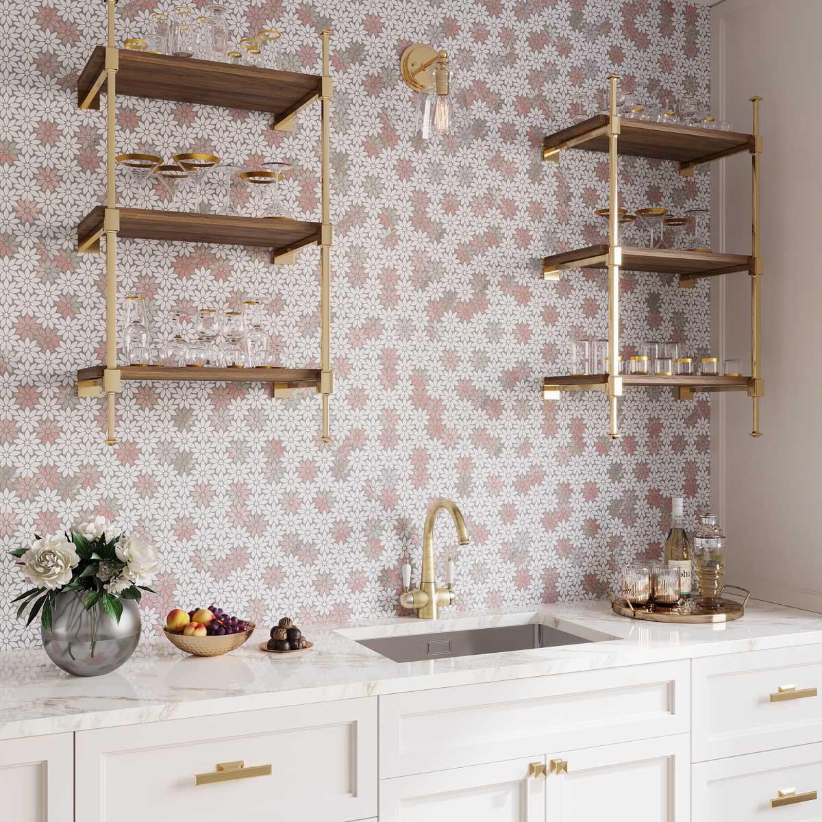 White and pink marble mosaic tile backsplash for a home wet bar with brass open shelves