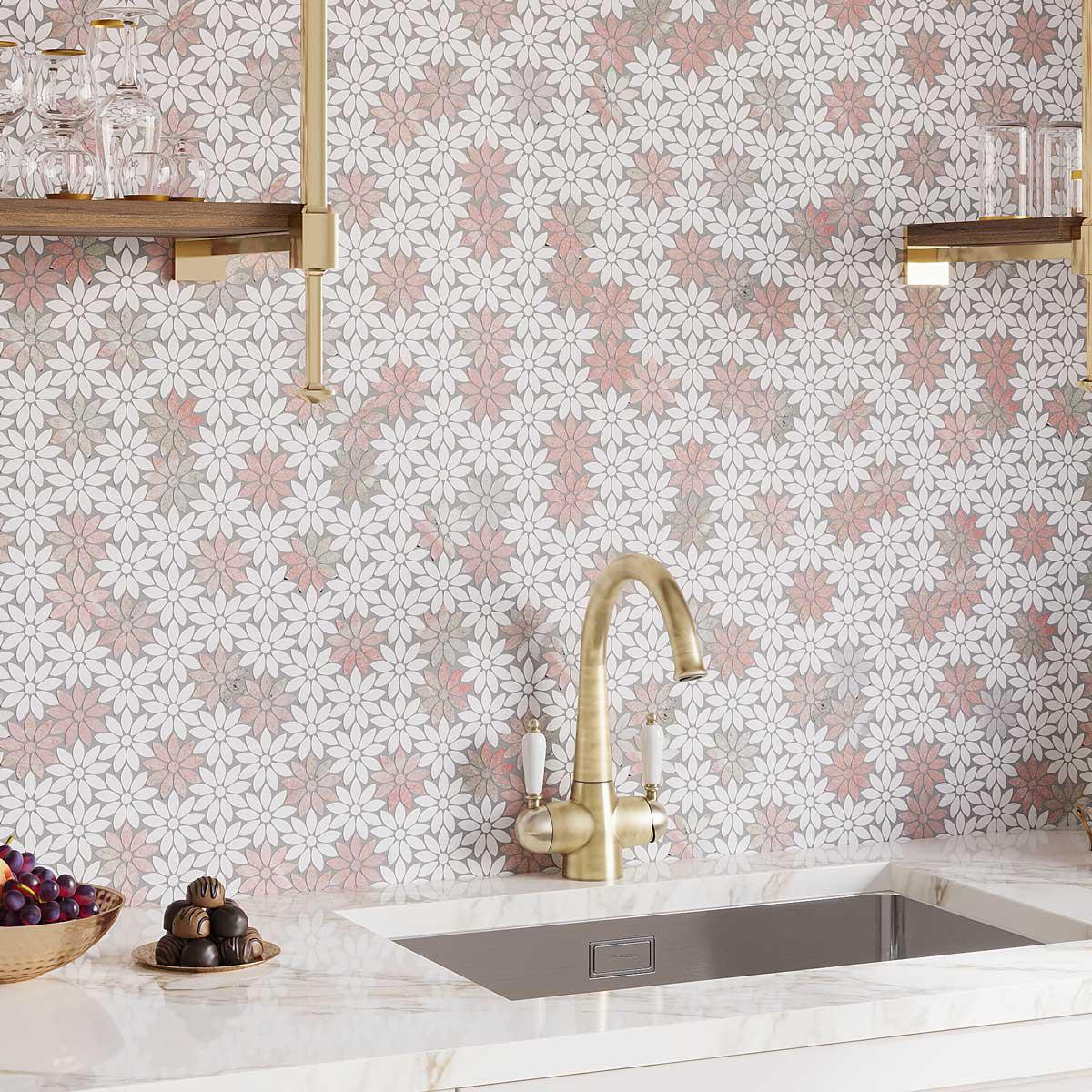 Floral pattern accent wall made of white and pink marble mosaic tiles