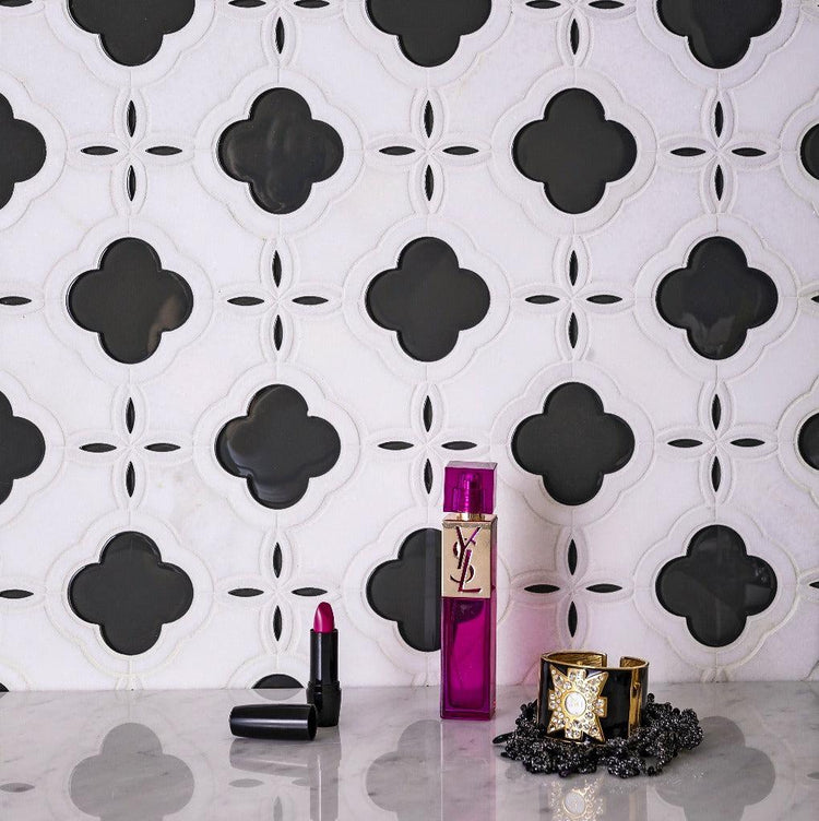 Medieval Flower Glass & Calacatta Waterjet Mosaic Tile