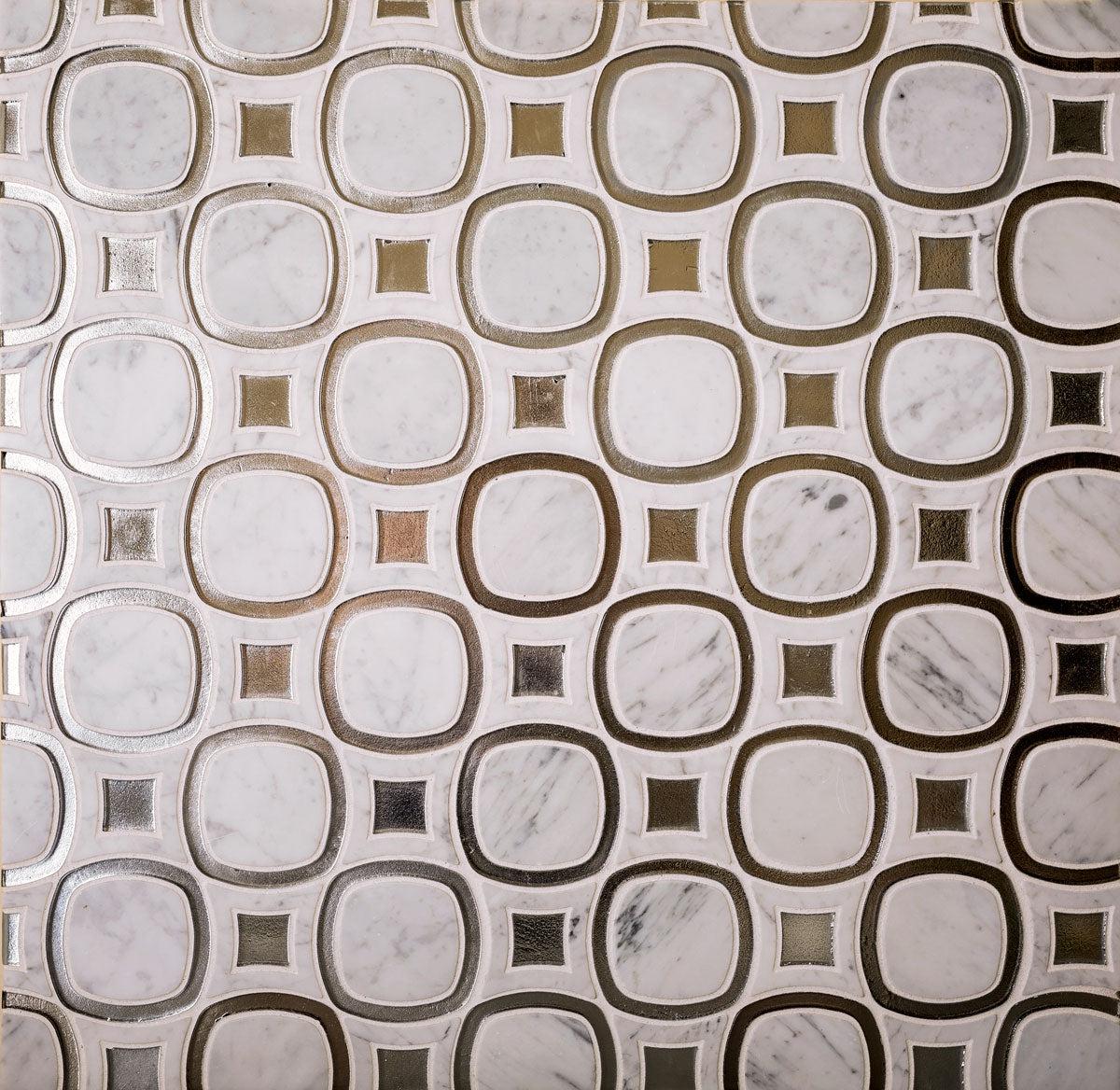 Carrara marble and silver glass geometric mosaic tile