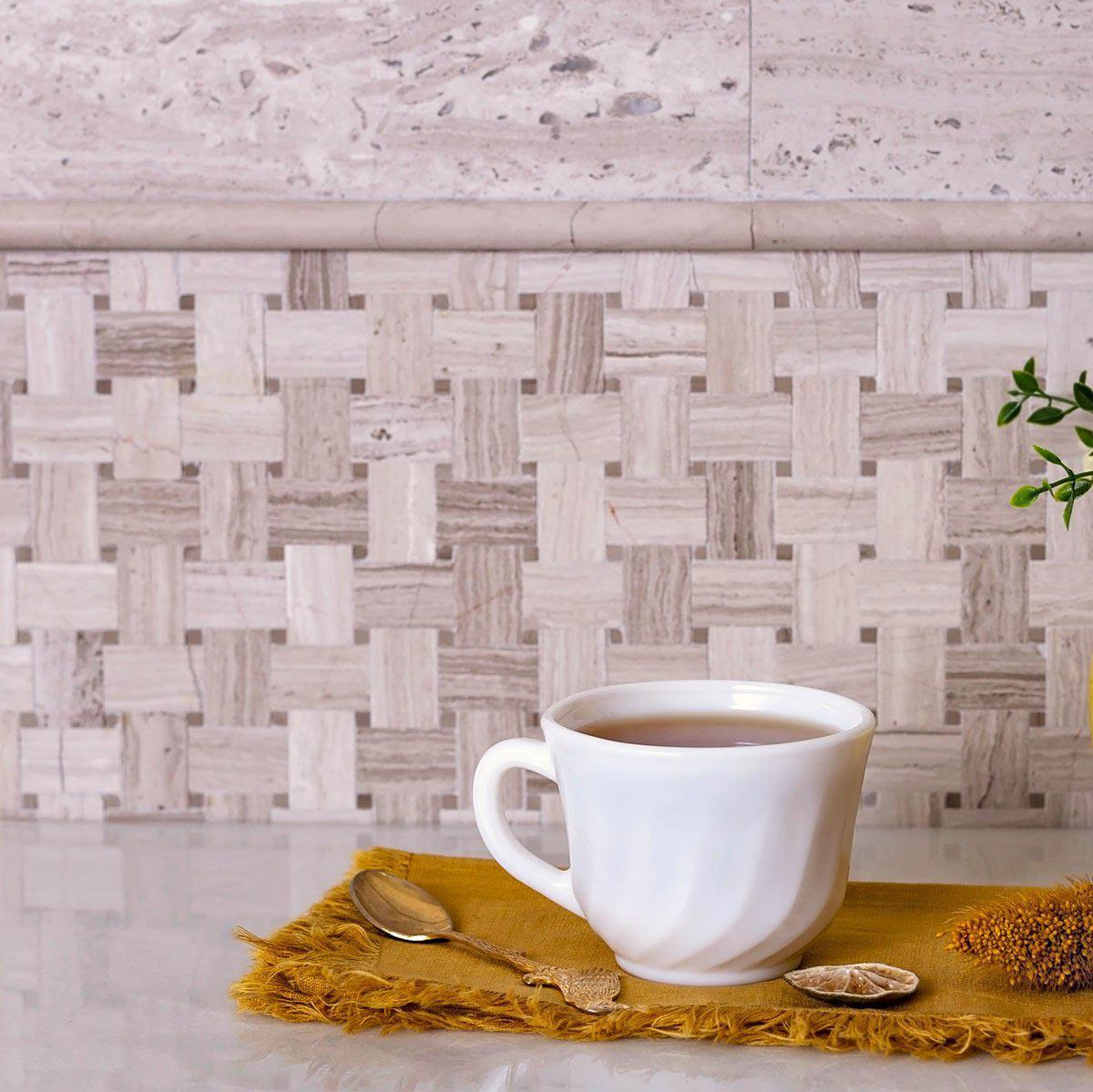 Mini Basket Weave Wooden Beige Marble Mosaic for a Wood Look Rustic Kitchen Backsplash