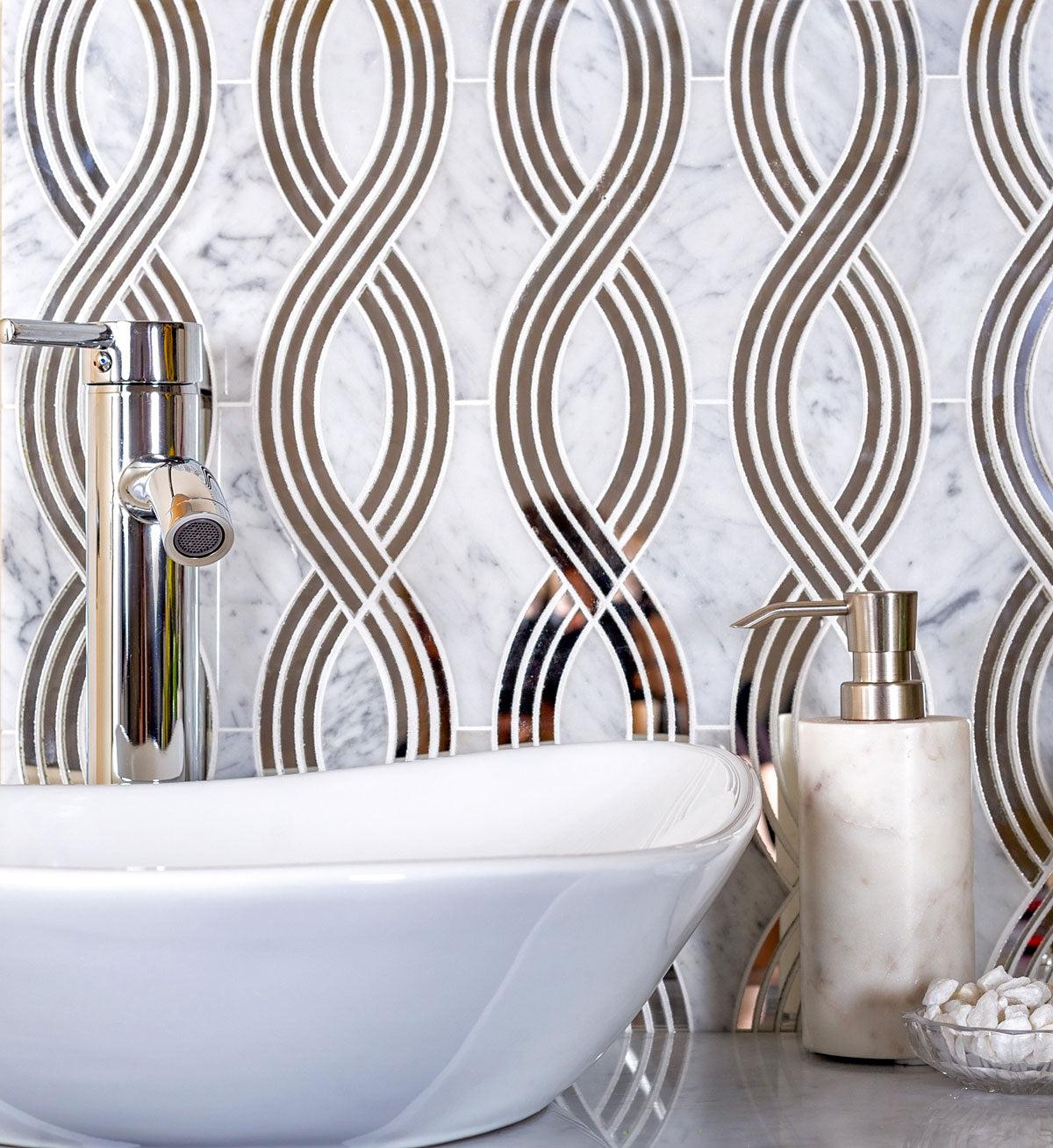 Marble and mirror ribbon mosaic tile