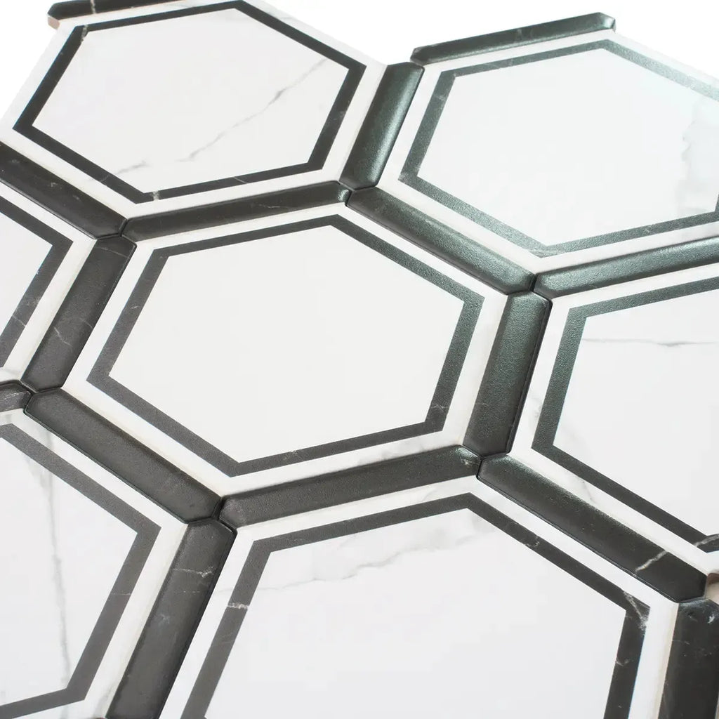 Montura White and Black Marbled Porcelain Hexagon Tile | Tile Club