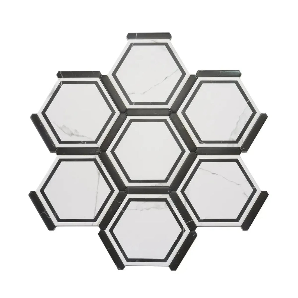 Montura White and Black Marbled Porcelain Hexagon Tile | Tile Club