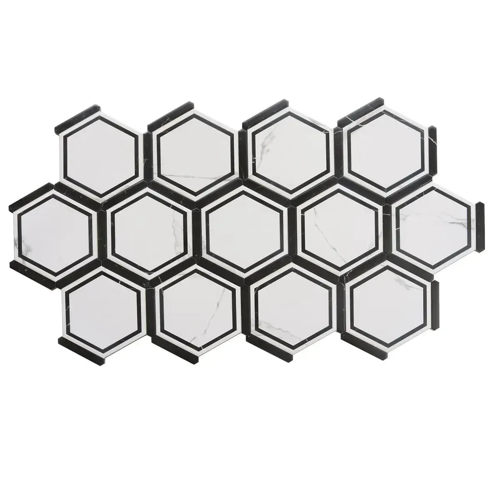 Montura White and Black Marbled Porcelain Hexagon Tile | Tile Club