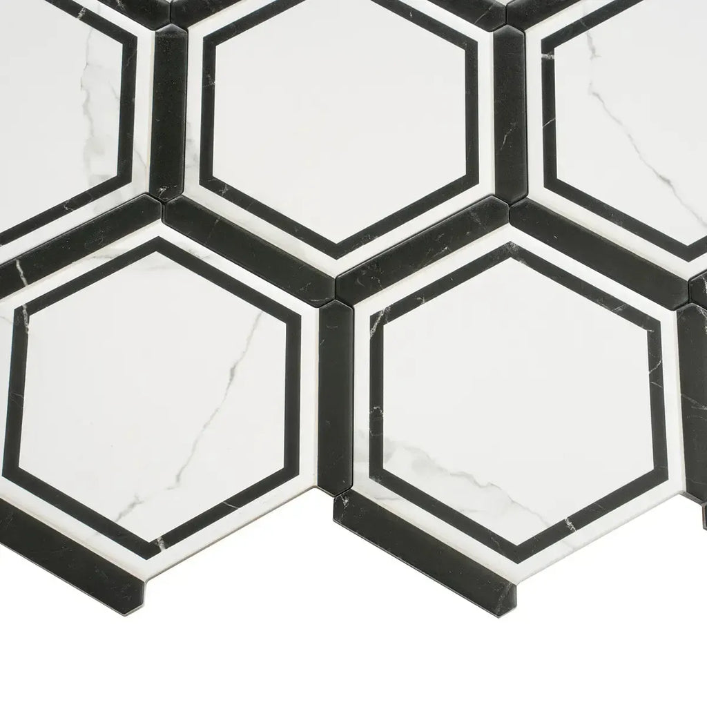 Montura White and Black Marbled Porcelain Hexagon Tile | Tile Club