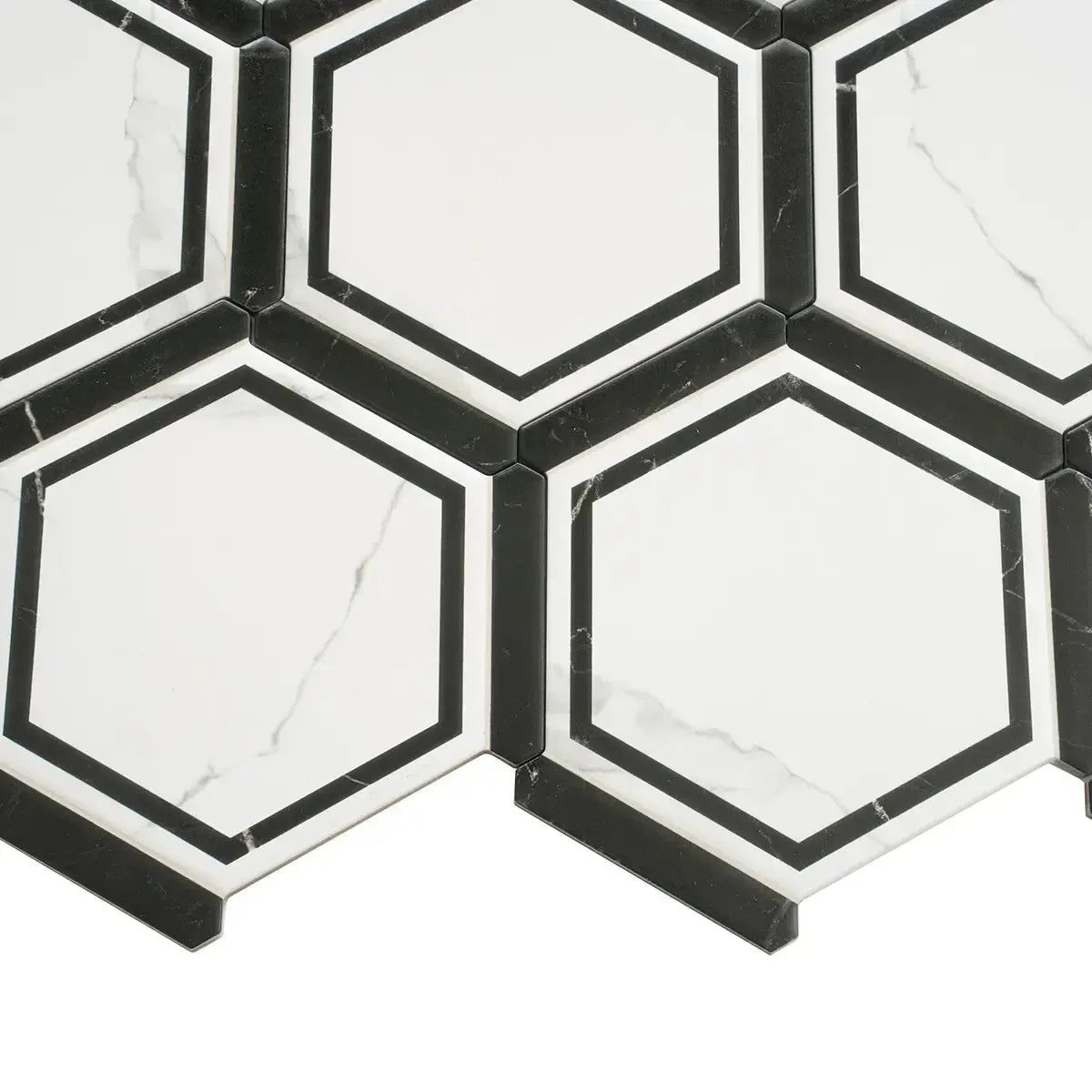 Montura White and Black Marbled Porcelain Hexagon Tile | Tile Club