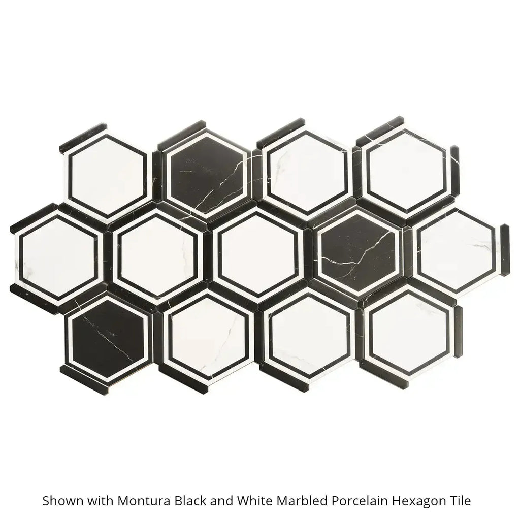 Montura White and Black Marbled Porcelain Hexagon Tile | Tile Club