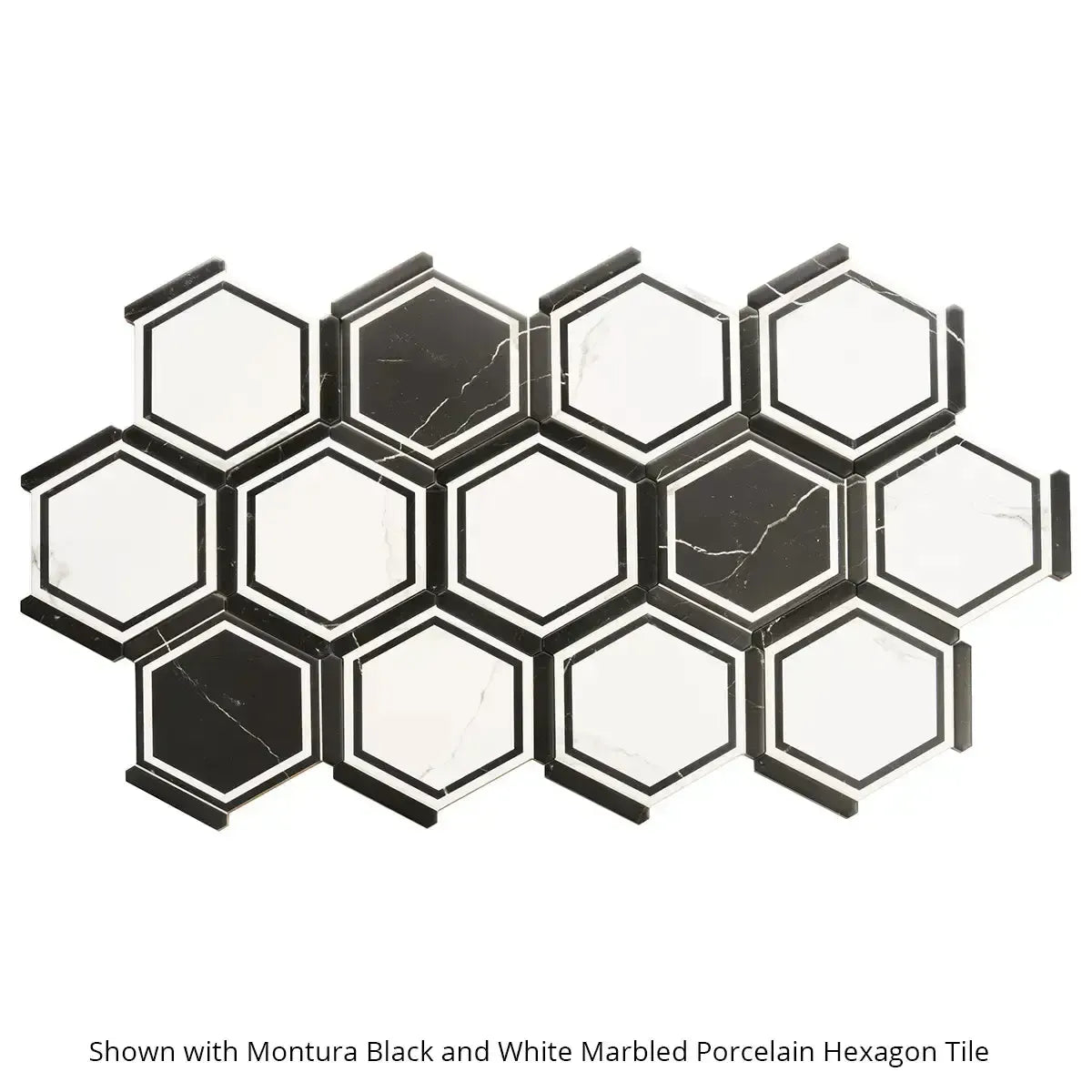 Montura White and Black Marbled Porcelain Hexagon Tile | Tile Club