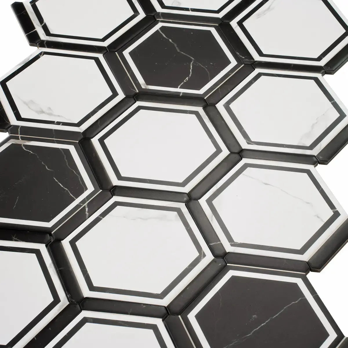Montura White and Black Marbled Porcelain Hexagon Tile | Tile Club