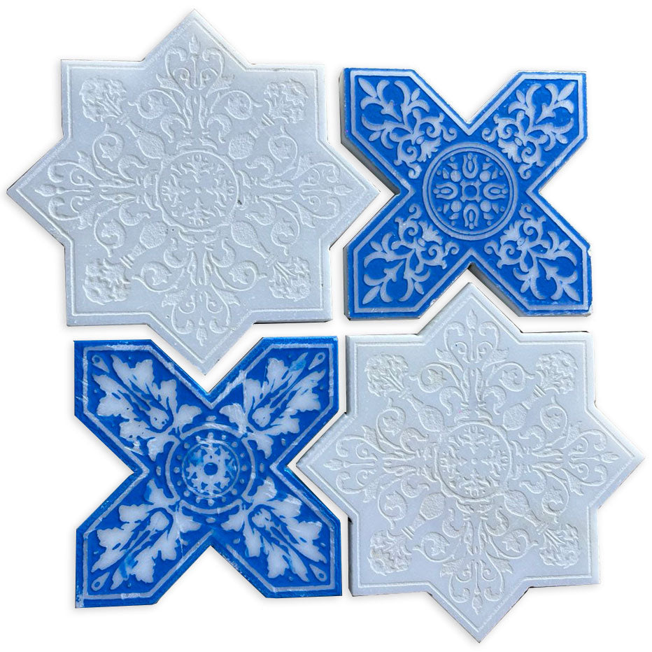 Moroccan White Star & Blue Cross Etched Marble Mosaic Tile | Tile Club