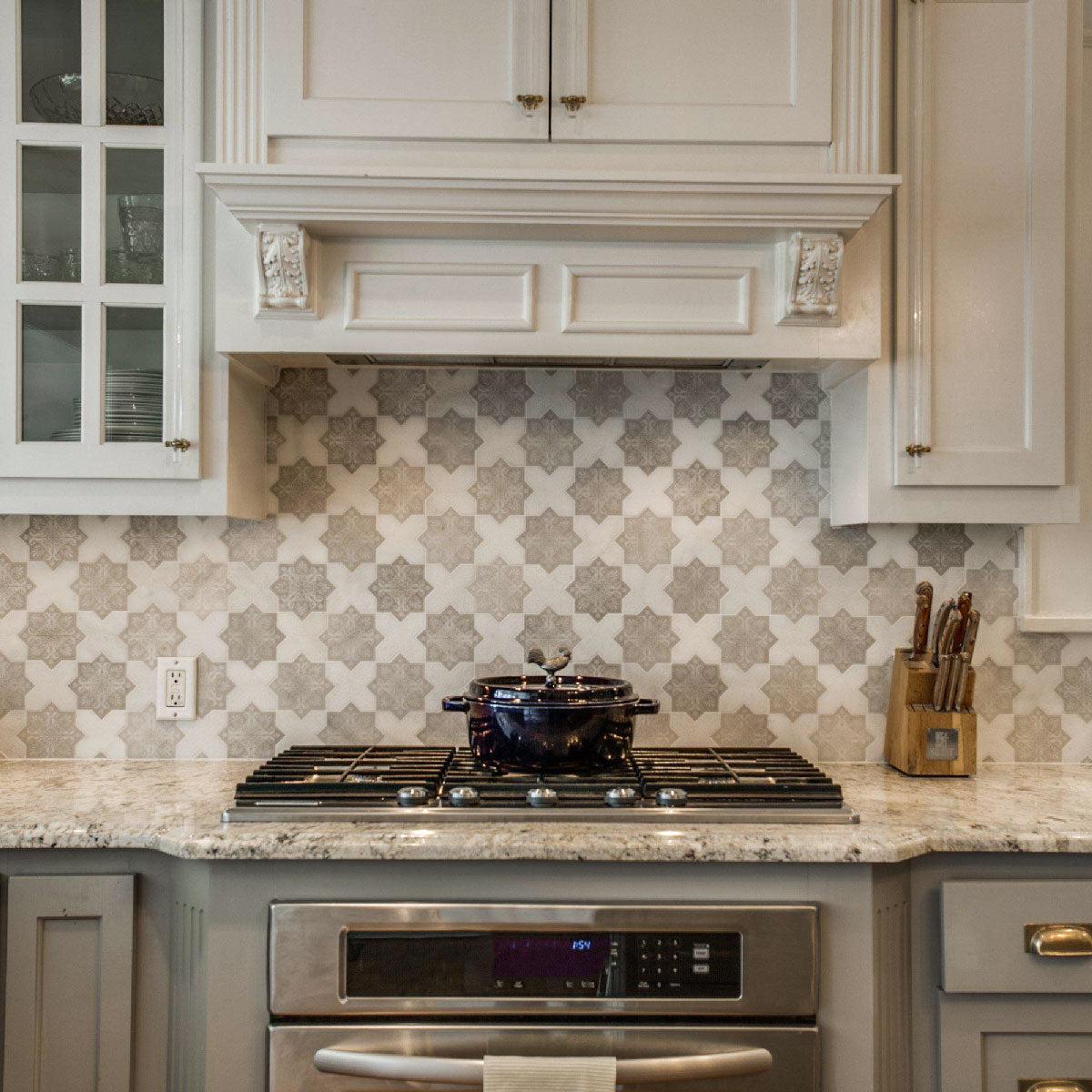Traditional Kitchen with White and Beige Star and Cross Marble Tile
