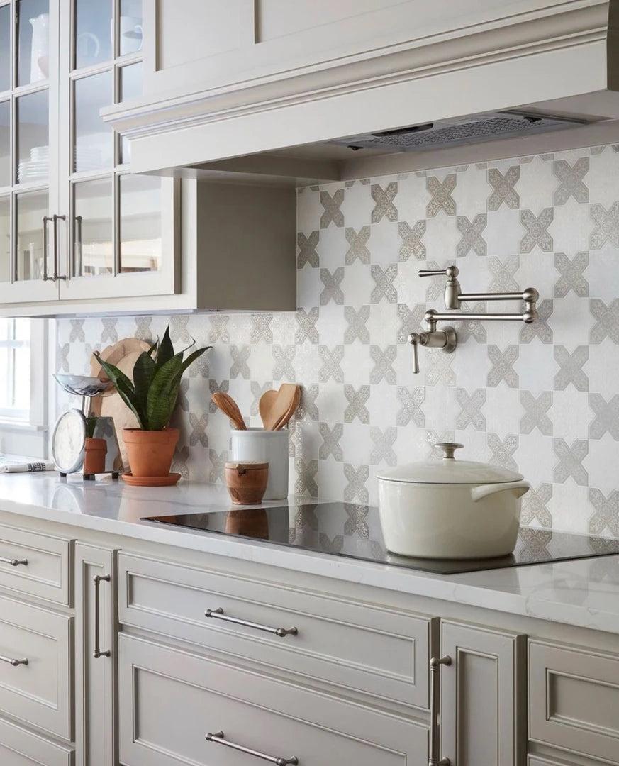 Moroccan White Star & Antique Cross Etched Marble Mosaic Tile | Tile Club