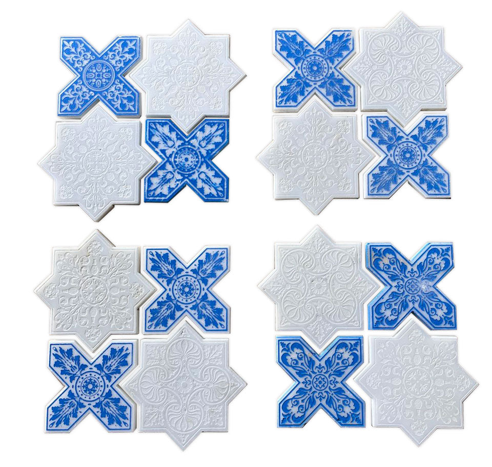 Moroccan White Star & Blue Cross Etched Marble Mosaic Tile | Tile Club