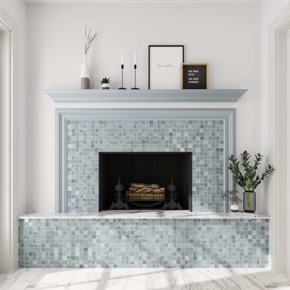 White and coastal green living room design with a ceramic mosaic tile fireplace