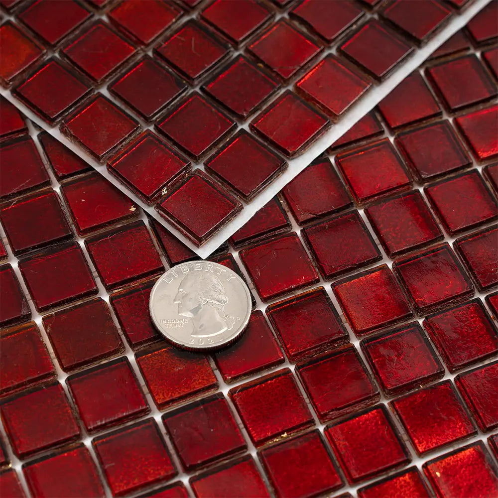 Foiled Ruby Red Squares Glass Tile | Tile Club