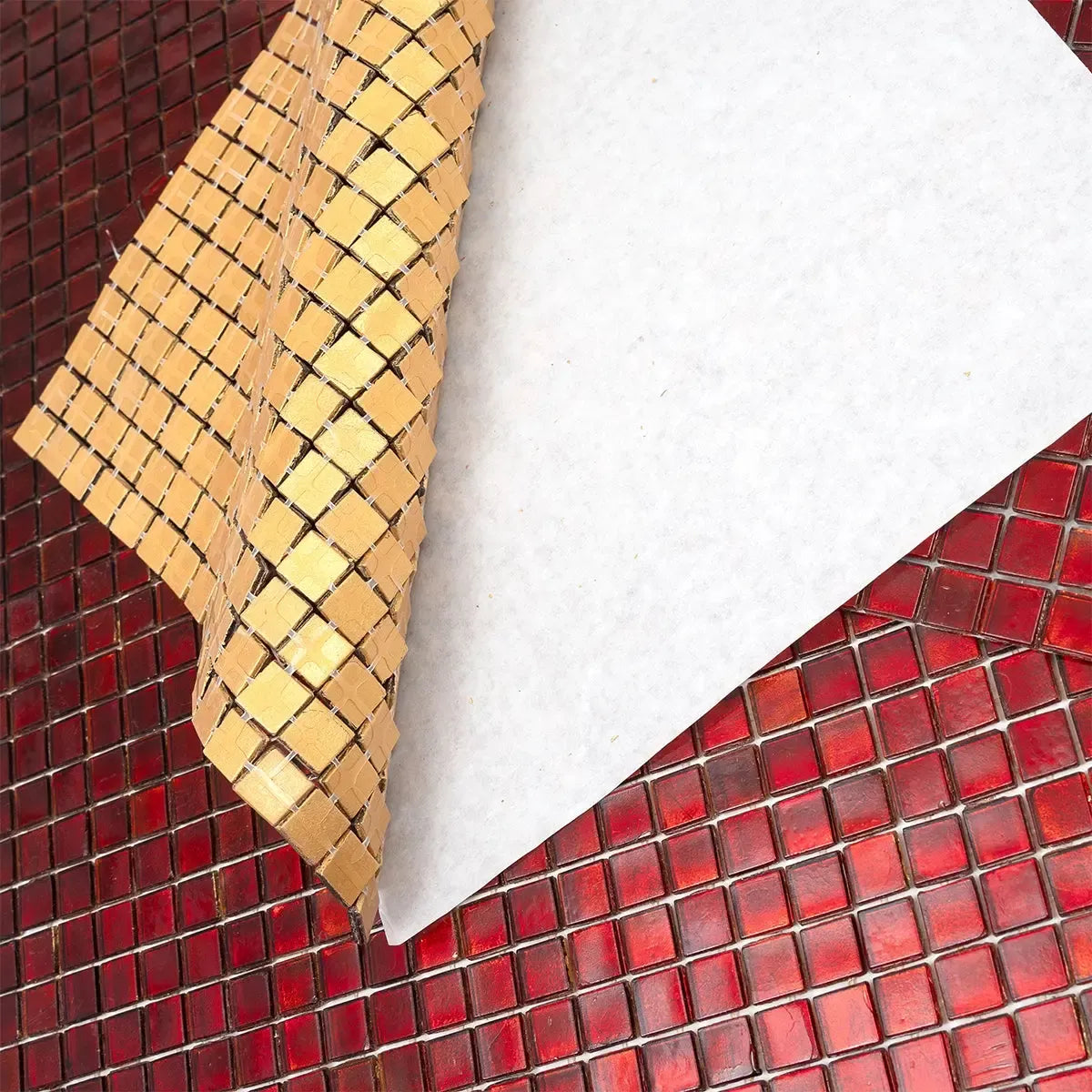 Foiled Ruby Red Squares Glass Tile | Tile Club