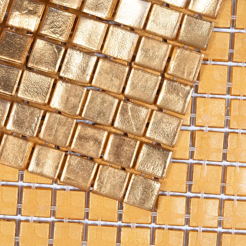 Foiled Yellow Gold Squares Glass Tile | Tile Club