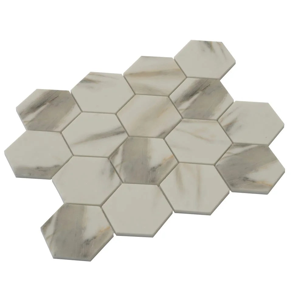 Recycled Glass Hexagon Mosaic In Calacatta Marble Color | Tile Club
