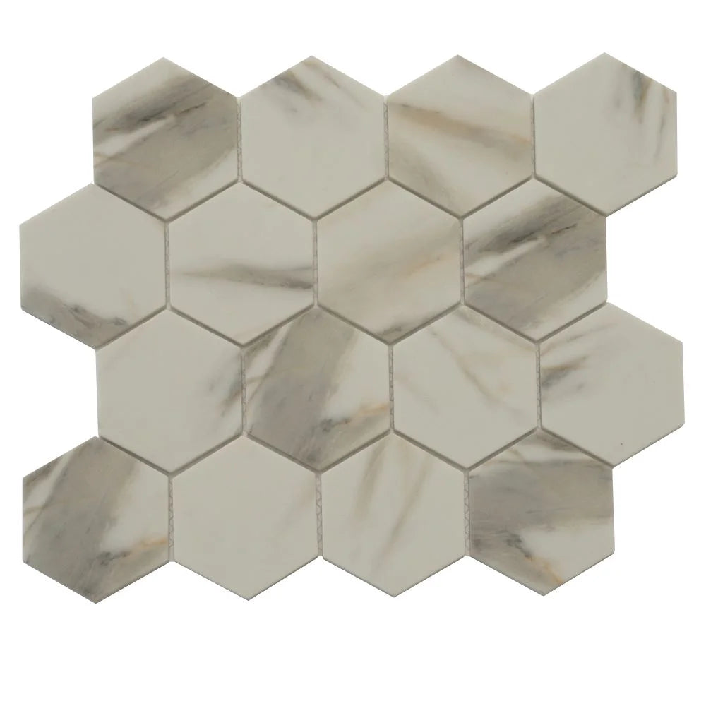 Recycled Glass Hexagon Mosaic In Calacatta Marble Color | Tile Club
