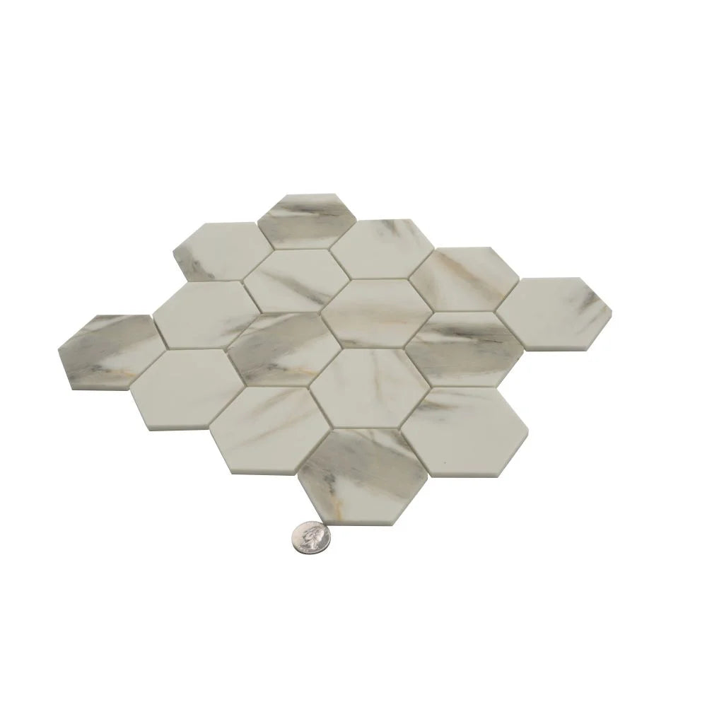 Recycled Glass Hexagon Mosaic In Calacatta Marble Color | Tile Club