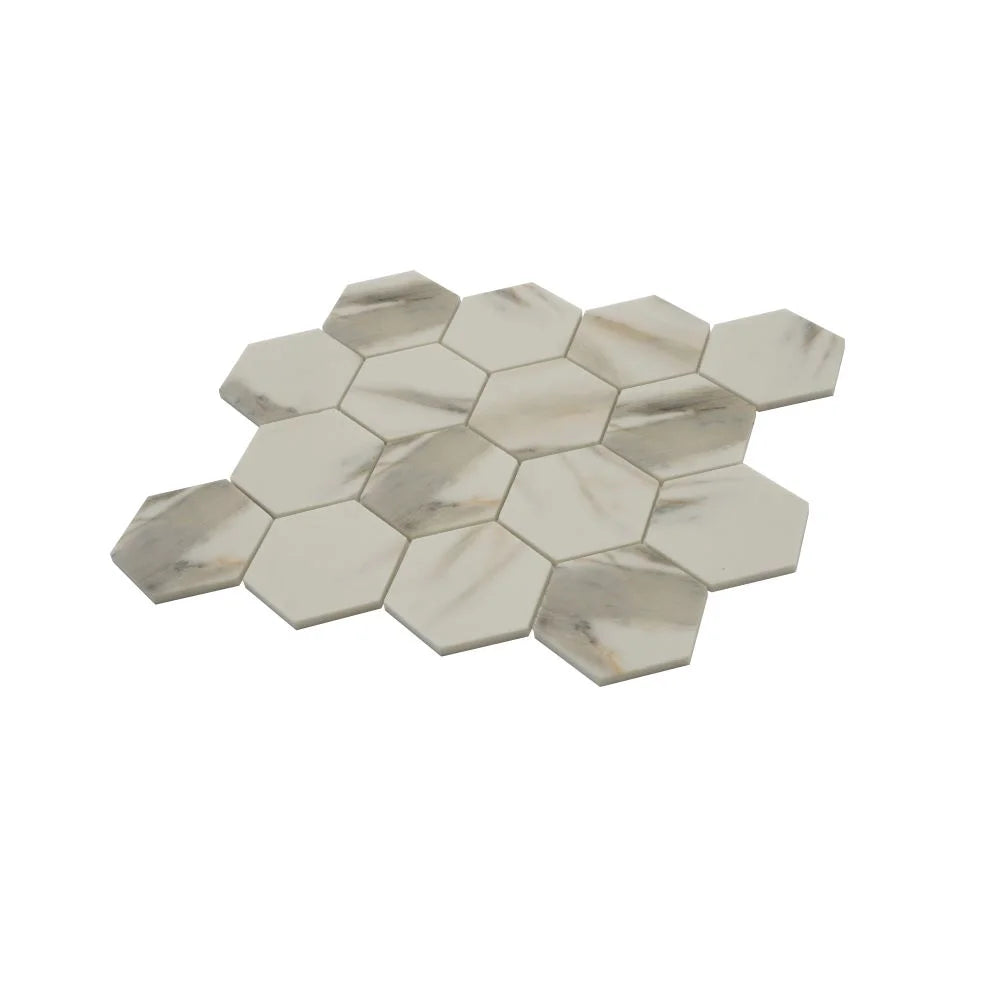 Recycled Glass Hexagon Mosaic In Calacatta Marble Color | Tile Club