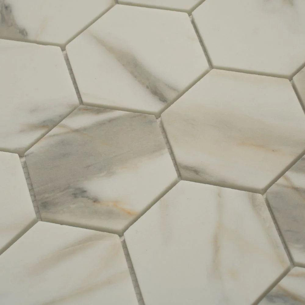 Recycled Glass Hexagon Mosaic In Calacatta Marble Color | Tile Club