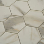 Recycled Glass Hexagon Mosaic In Calacatta Marble Color | Tile Club