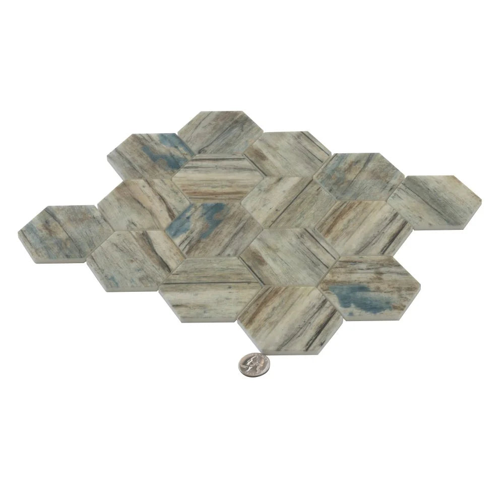 Recycled Glass Hexagon Mosaic In Blue Wood Color | Tile Club